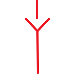 HYSin logo. Valkoinen tähtäin renkaalla sekä H- ja S-kirjaimet, punainen Y-kirjain ja ylätähtäin. Läpinäkyvä tausta. / The logo of HUSH. White target circle and letters H and S, and a red letter Y and upper part of the snipe. Transparent background.